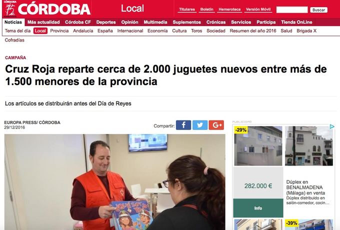 Noticias de prensa referente a la recogida de juguetes por parte de Cruz Roja y que se hará entrega de los mismos en Reyes.